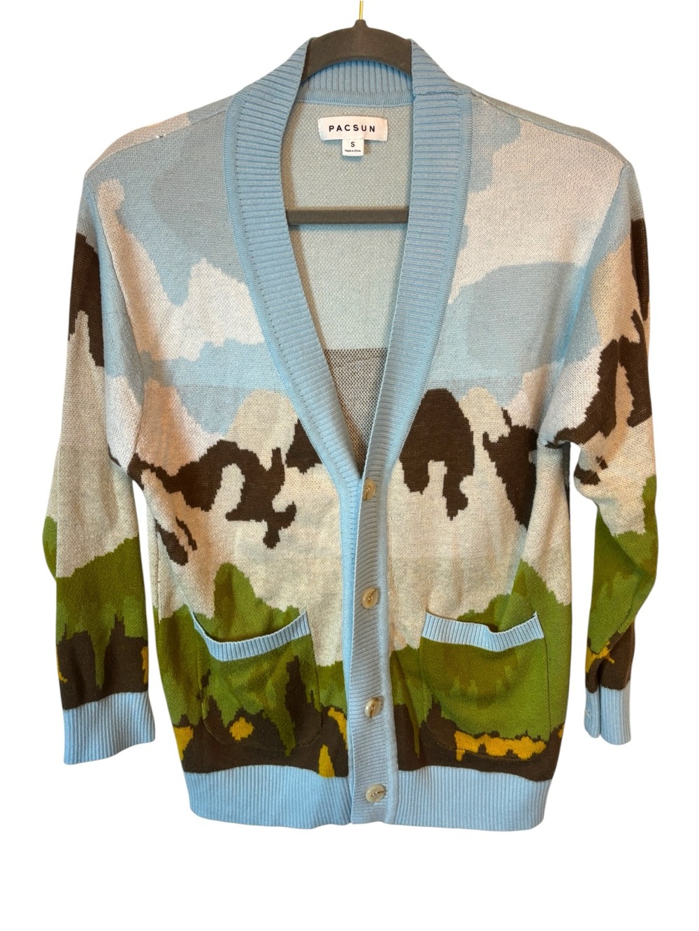 PacSun cardigan mountain scene colorful wool blend light blue Size Small